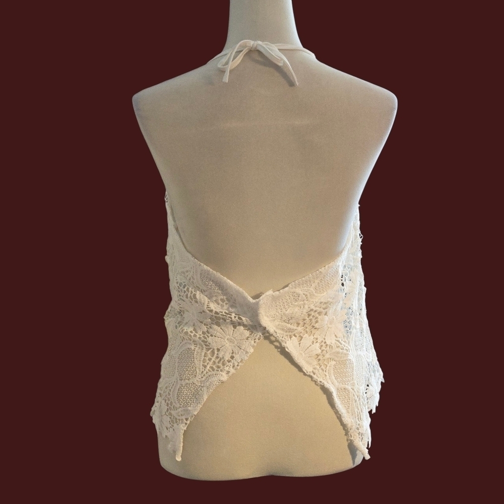 White Crocheted Floral Lace Halter Top Women’s XL Boho Festival Summer Backless - Picture 5 of 16